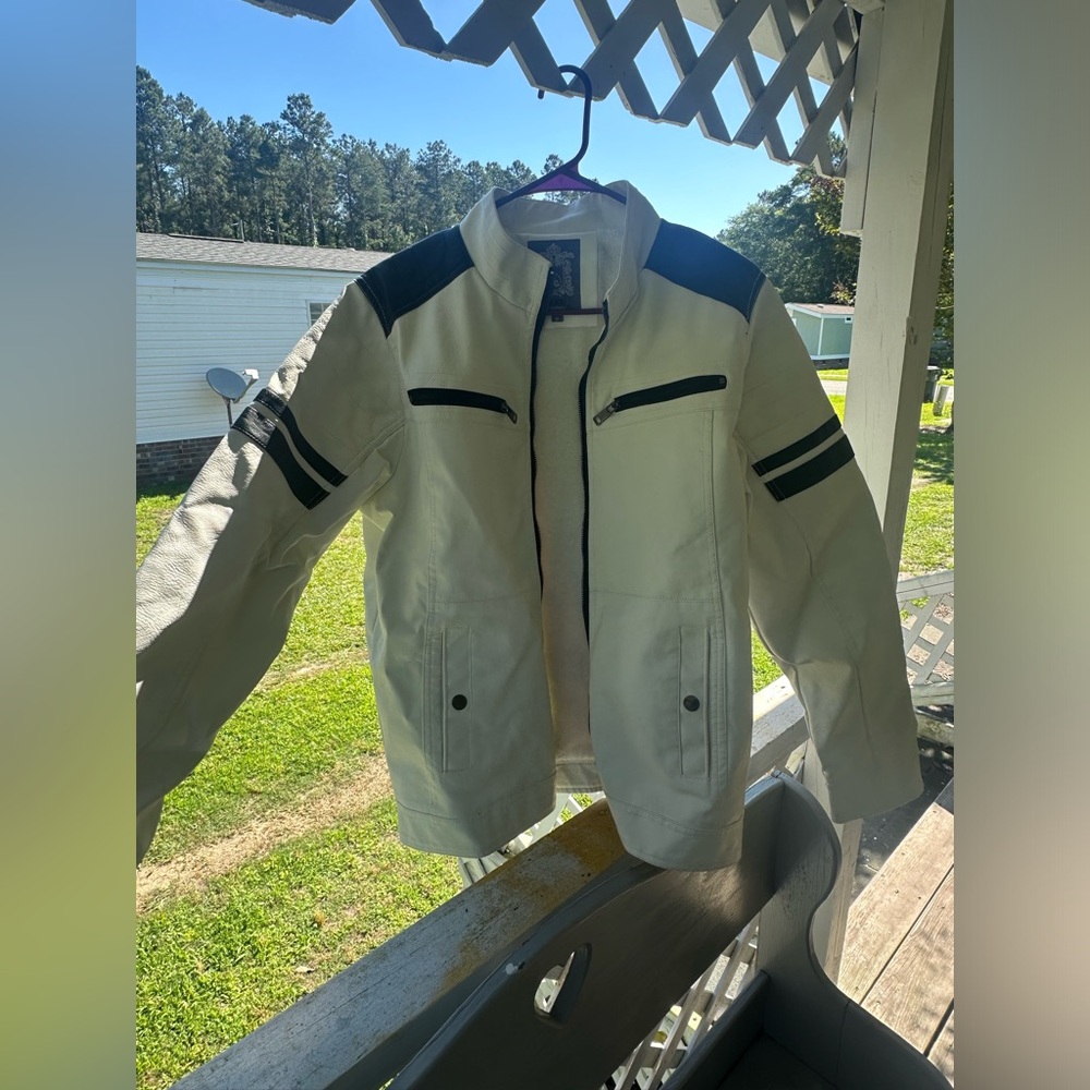 White Leather Bleu Grandeur Jacket